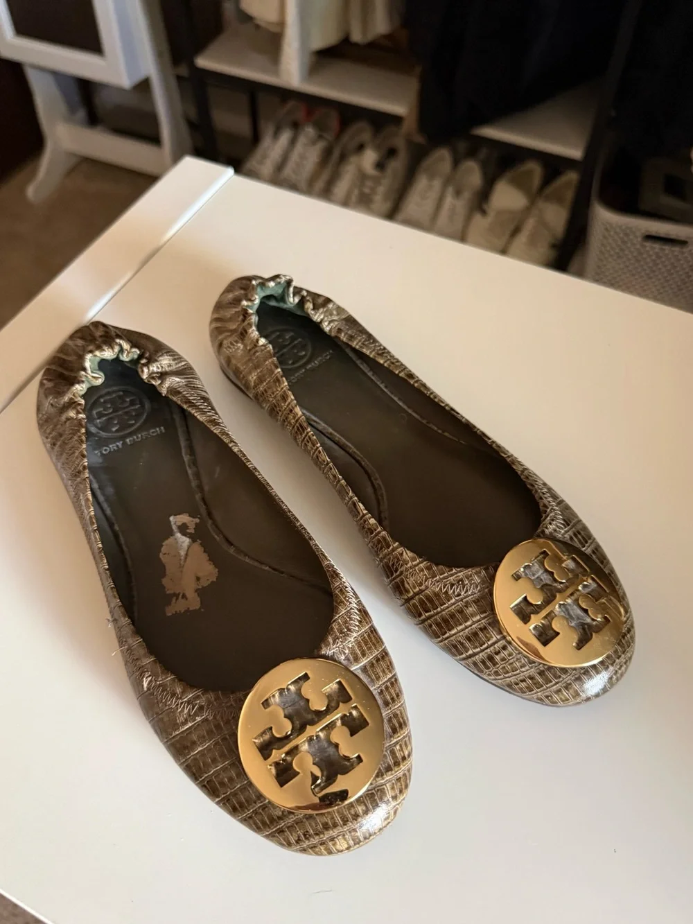 Tory Burch Reva Ballet Flats in Brown Snake Print Women’s Size 7.5